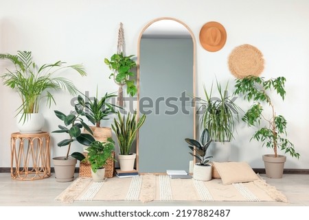 Stylish full length mirror and different houseplants near white wall in room Royalty-Free Stock Photo #2197882487