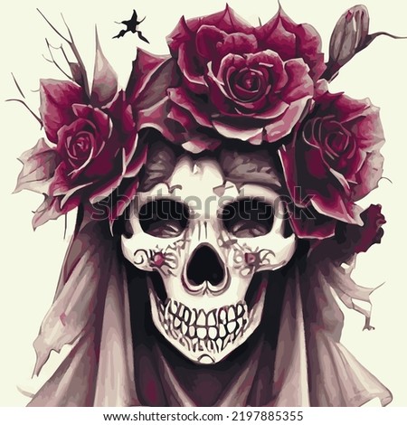 Skull with flowers, roses and pumpkins for Halloween. Vector illustration for autumn halloween holiday in vintage old style. Gothic romantic human skull