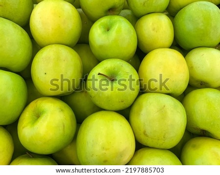 Green apple raw fruit and vegetables overhead perspective background, part of a set collection of healthy organic fresh produce