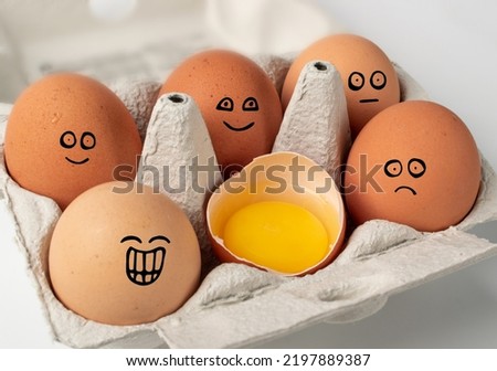Six emotional brown eggs faces isolated. Happy and sad chicken eggs in carton pack, fun egg container