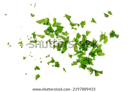Fresh chopped parsley isolated. Sliced cilantro leaves, raw garden parsley, chervil, corriender pieces on white background top view Royalty-Free Stock Photo #2197889433