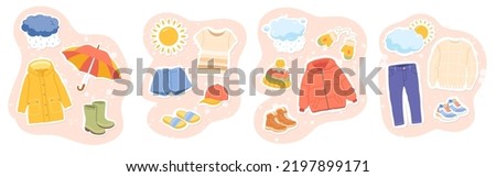 Autumn, winter, spring, summer season clothes set. Casual jackets, jeans, t-shirt, shoes, sweater, hat seasonal clothing outfit stickers collection. Garment, apparel fashion flat vector illustration Royalty-Free Stock Photo #2197899171