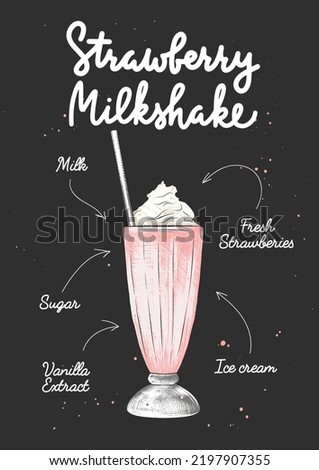 Vector engraved style Strawberry Milkshake drink in glass for posters, decoration, logo and print. Hand drawn sketch with lettering and recipe, beverage ingredients. Detailed colorful drawing.