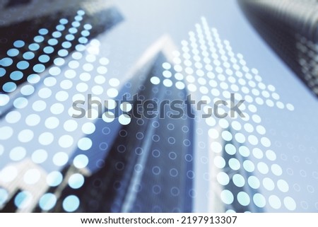 Abstract virtual upward arrows sketch on blurry cityscape background, target and goal concept. Multiexposure Royalty-Free Stock Photo #2197913307