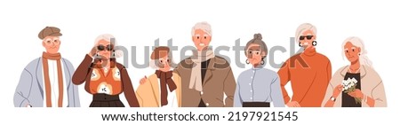 Modern old senior people. Happy elderly men, women in fashion stylish clothes, apparels. Group portrait of trendy aged retired characters. Flat graphic vector illustration isolated on white background Royalty-Free Stock Photo #2197921545