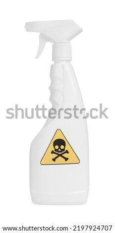 Bottle of toxic household chemical with warning sign isolated on white