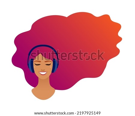 Vector illustration of smiling woman with headphones isolated on white background.