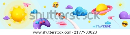 Futuristic Background cosmic space creative design. Abstract horizontal banner concept game metaverse. Realistic 3d cartoon style planets, space game gamepad, rocket flying in sky. Vector illustration Royalty-Free Stock Photo #2197933823