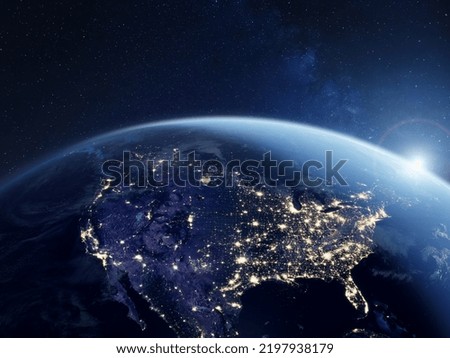 America at night viewed from space with city lights showing activity in United States. Planet Earth. Elements from NASA. Technology, global communication, world. USA. Royalty-Free Stock Photo #2197938179