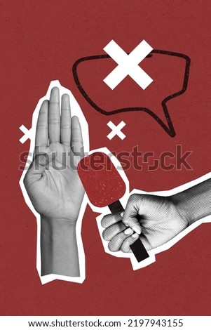 Exclusive minimal magazine sketch collage of hand showing stop sign interview journalism crossed speech bubble no comments paparazzi