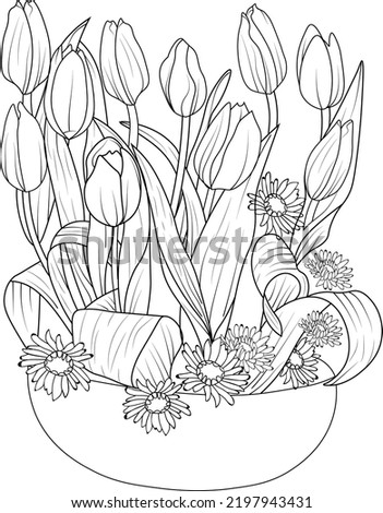 bouquets of flower vase branch buds botanical leaf of tulip flower hand drawn outline sketch vector illustration engraved ink art coloring page and book for adult isolated on white background clip a