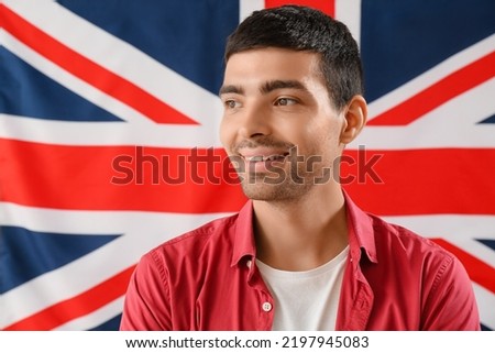 Young man against UK flag, closeup