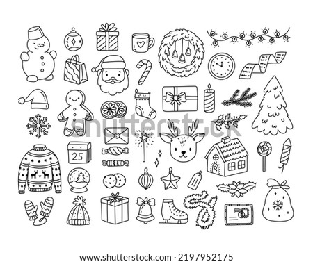 Christmas items set in outline doodle style. Editable stroke. New year characters and gifts for postcards, banners, web design, scrapbooking and other holiday design