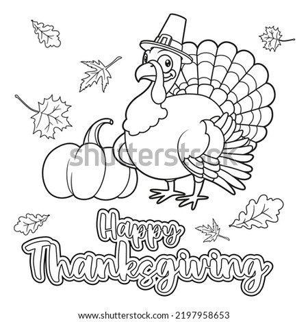 Cute cartoon turkey wearing a pilgrim hat wishes happy thanksgiving day outlined for coloring page on white background