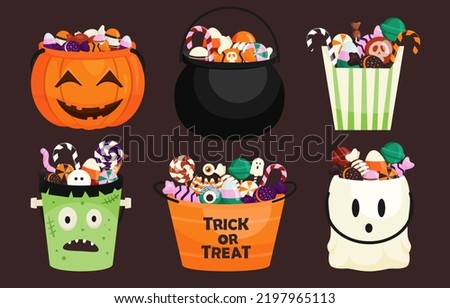 Halloween buckets of various shapes full of sweets, candies and desserts. Sweets for children in pumpkin bag, bowler hat. Vector illustration in flat style
