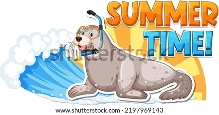 Seal cartoon character with summer time word illustration