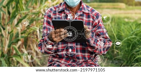 Agriculture technology farmer woman holding tablet or tablet technology to research about agriculture problems analysis data and visual icon. 
