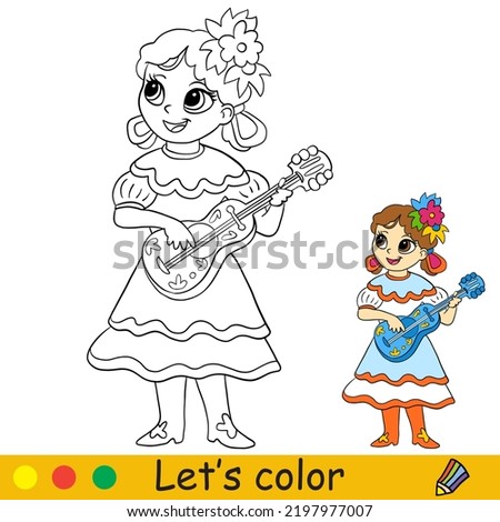 Cute little mexican girl with guitar. Halloween concept. Coloring book page for children with colorful template. Vector cartoon illustration. For print, preschool education and game
