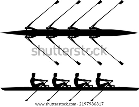 Rowing team trains before the competition, black and white vector illustration. Four boat for rowing in teamwork. Royalty-Free Stock Photo #2197986817