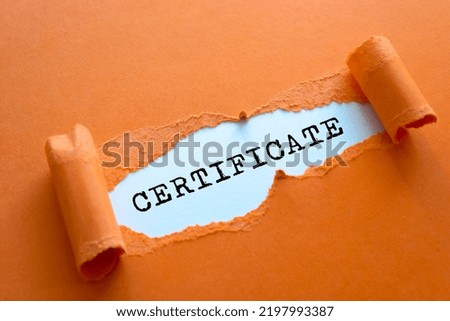 Certificate word written under torn paper.