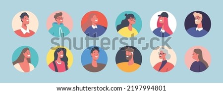 Set of People Avatars, Characters of Different Ages and Appearance. Little, Young, Mature and Senior Men and Women Portraits for Social Media. Cartoon Vector Illustration, Isolated Round Icons.