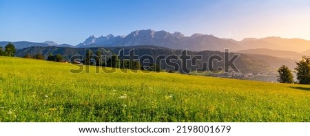 Panoramic view of Dachstein Mountain Group from Schladming Royalty-Free Stock Photo #2198001679