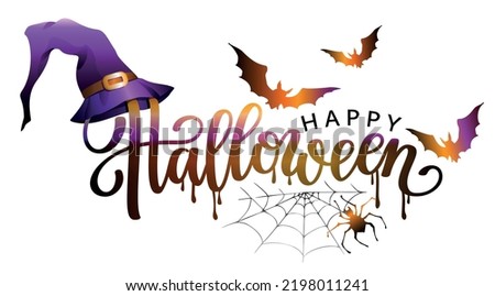 Happy Halloween decorative  lettering with bats, spider, spider web and purple witch hat . Vector illustration.