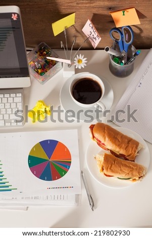 Office surrounding with desktop computer, graphs and breakfast sandwiches.