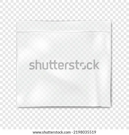 Clear vinyl resealable zipper pouch on transparent background vector mockup. Blank empty square plastic bag with zip lock mock-up Royalty-Free Stock Photo #2198035519