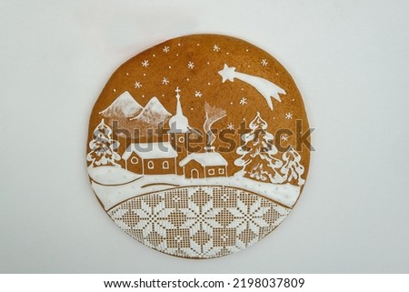 Winter Christmas landscape painted on a honey tree.
Cartoon winter landscape with Christmas atmosphere. Christmas baking, pastries, tradition. White background with the possibility of writing.