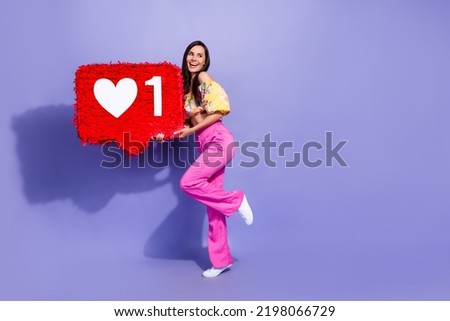 Full size photo of pretty positive girl hands hold large like collage look empty space isolated on violet color background