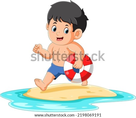 The cute boy is running and holding the tire to swim on the beach of illustration
