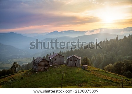 Rural mountain lanscape at sunset, Adjara, Georgia Royalty-Free Stock Photo #2198073899