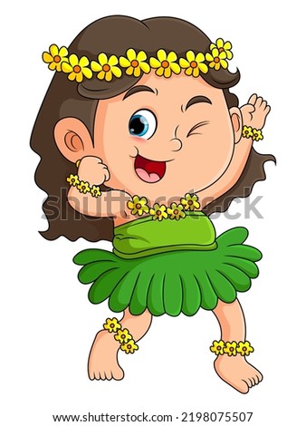The cute girl is wearing and posing the hawaiian with beautiful flowers on body of illustration