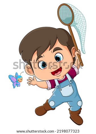The cute boy is catching a tiny butterfly while jumping and surprising of illustration