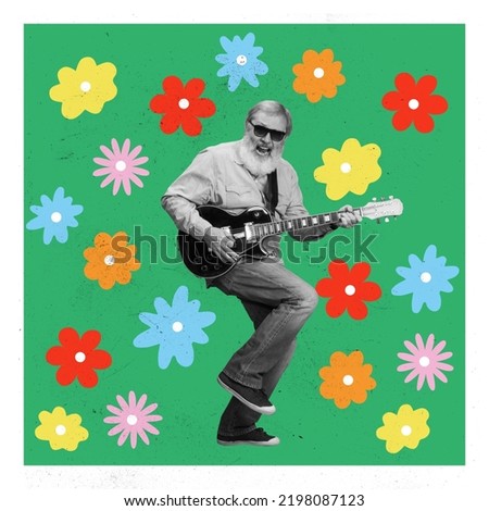 Creative art design for Grandparents Day greeting Card. Senior cheerful man, grandfather dances, rejoices and expresses positive emotions. Family, holidays, love, care and ad concept. Floral theme