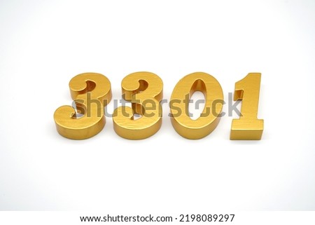  Number 3301 is made of gold-painted teak, 1 centimeter thick, placed on a white background to visualize it in 3D.                                