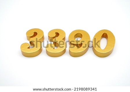   Number 3390 is made of gold-painted teak, 1 centimeter thick, placed on a white background to visualize it in 3D.                               
