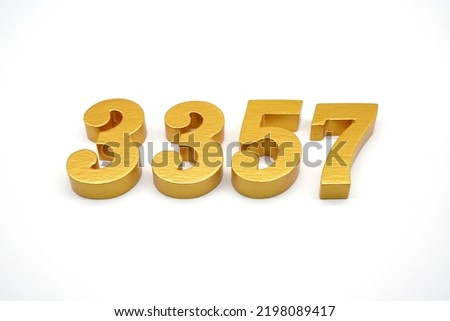    Number 3357 is made of gold-painted teak, 1 centimeter thick, placed on a white background to visualize it in 3D.                                    