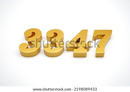     Number 3347 is made of gold-painted teak, 1 centimeter thick, placed on a white background to visualize it in 3D.                                   