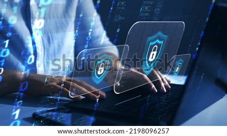 Cyber security firewall interface protection concept.Personal data security and banking. Protecting herself from cyber attacks.  Royalty-Free Stock Photo #2198096257