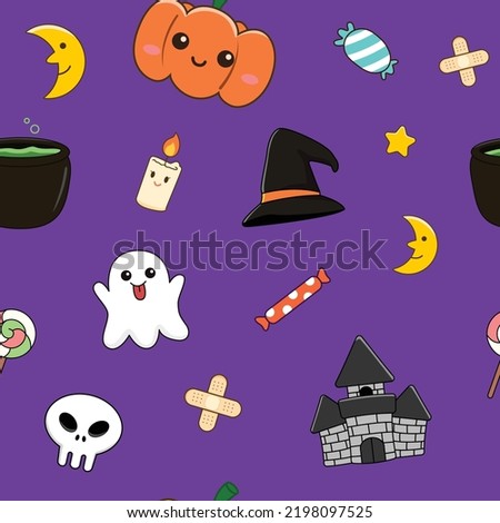 Halloween festive seamless pattern background. Ghost, pumpkin, skull, castle, candy and more. Vector Illustration
