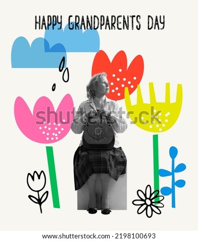 Hope. Middle age stylish woman, modern grandmother expresses happy, positive emotions. Creative art design for Grandparents Day greeting Card. Family, holidays, love, care and ad concept.
