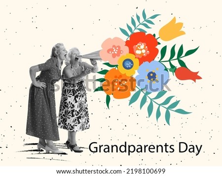 Two friends, happy old women, modern grandmothers and drawn flowers over light background. Creative art design for Grandparents Day greeting Card. Family, holidays, love, care and ad concept.