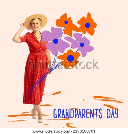 Beauty. Middle age stylish woman, modern grandmother expresses happy, positive emotions. Creative art design for Grandparents Day greeting Card. Family, holidays, love, care and ad concept.