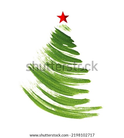 Christmas tree drawn with a brush with a red star on top on a white isolated background