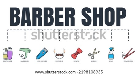 Barber shop banner web icon set. spray, mustache, scissor, hair dryer, hair clipper, bow tie, beauty care, styling iron vector illustration concept.