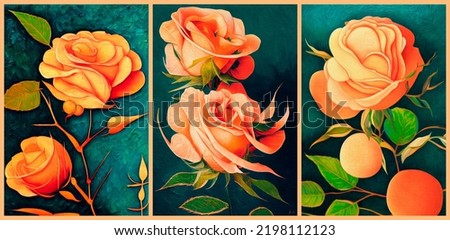 Still life with rose flower, set of three exquisite images. 3d rendering.
