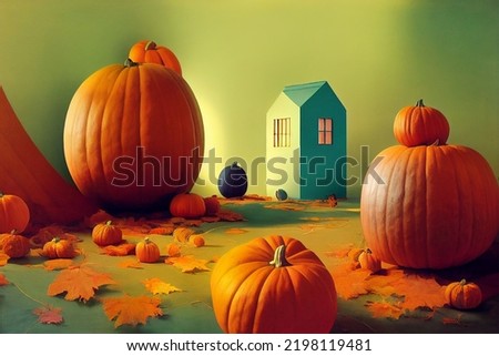 Abstract Orange pumpkin on green background, small house