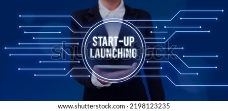 Conceptual caption Start Up Launching. Conceptual photo Launch starting strategies of an newly emerged business Businessman Holding Speech Bubble With Important Informations.